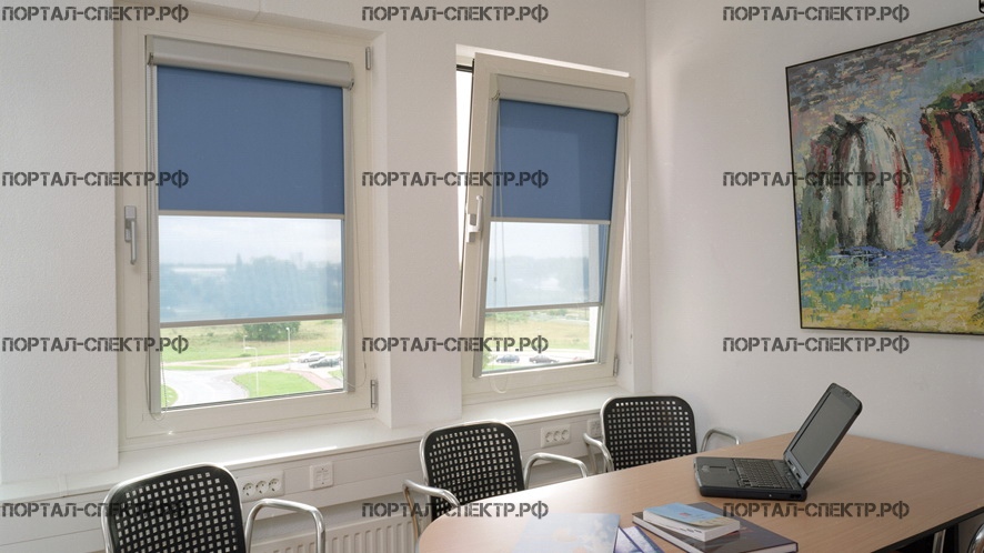 Рулонные кассетные шторы жалюзи на пластиковые окна в офисе в Новосибирске
